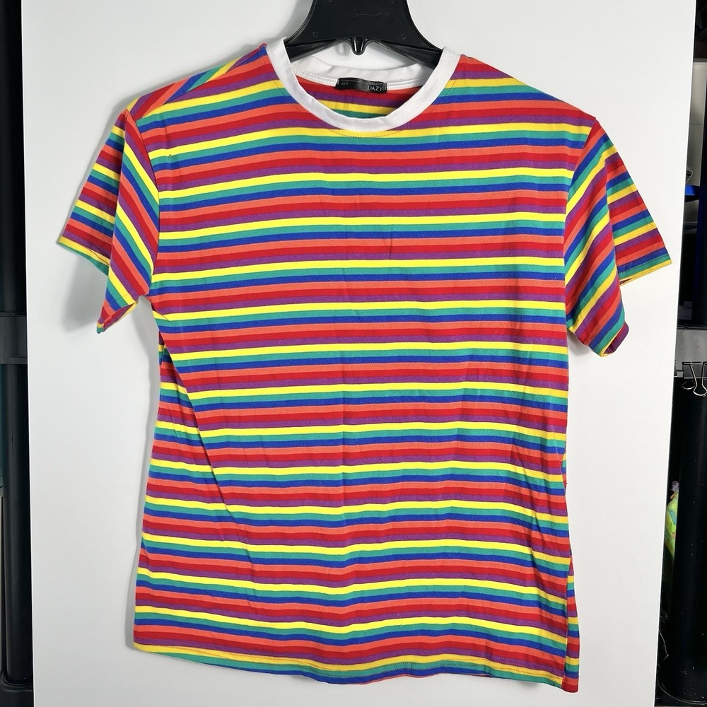 Dazy Womens Size M‎ Rainbow Stripe T Shirt 100% Cotton Pride 90s Vibe VGC